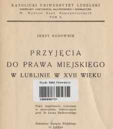 Przyjęcia do prawa miejskiego w Lublinie w XVII wieku